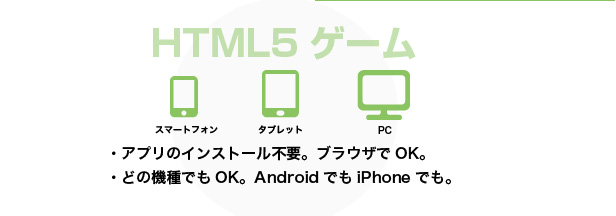 HTML5ゲーム・・・アプリのインストール不要。ブラウザでOK。どの機種でもOK。AndroidでもiPhoneでも。